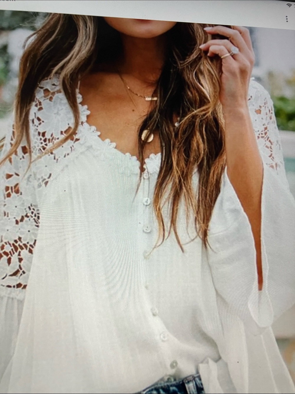 White crochet lace back bell sleeves romantic blouse drop sleeves